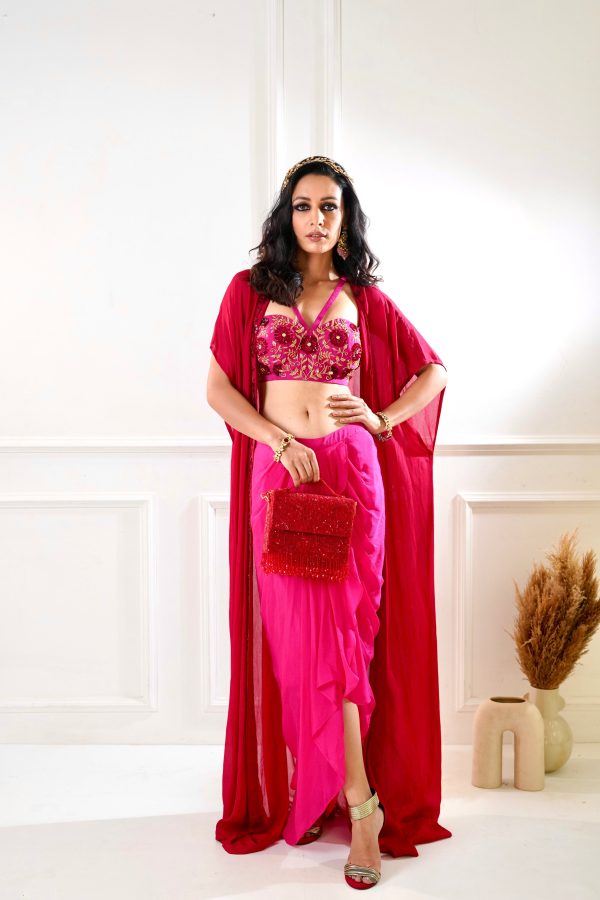 SHIRIN Maroon and pink Drape Skirt and Cape Online Hot Sale