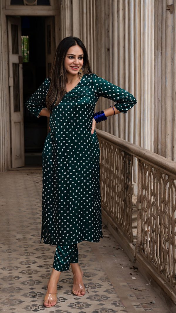 BANDHANI KURTA SET IN SILK - DARK GREEN Online Hot Sale