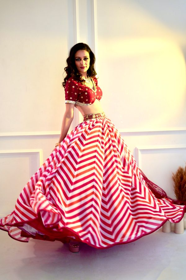 MYRAH Pink Chevron Lehenga Online now