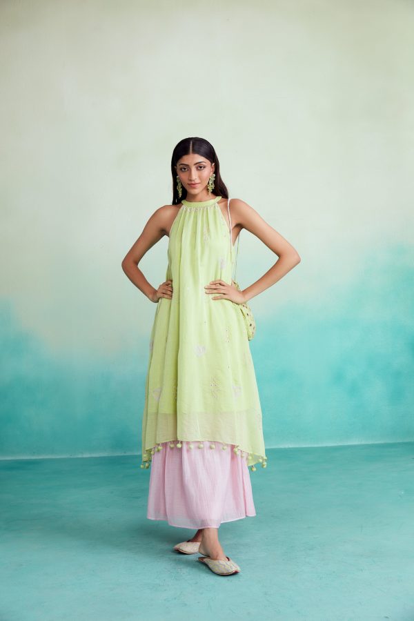 Limeade kurta skirt set - Lime & Orchid Pink Hand embroidered Kurta Skirt set on Sale