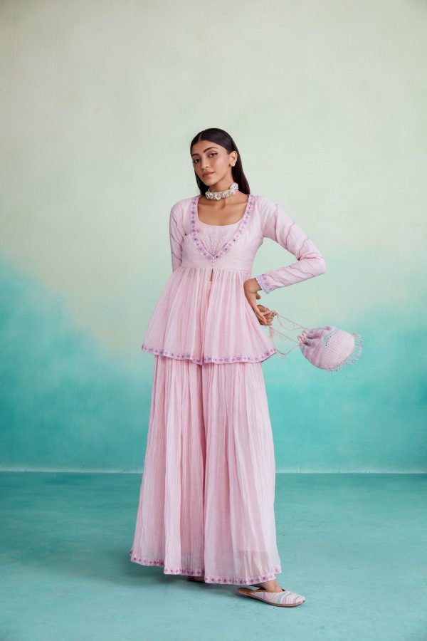 Rosalyn kurta sharara set - Orchid Pink Hand embroidered gathered Kurta Sharara set Fashion