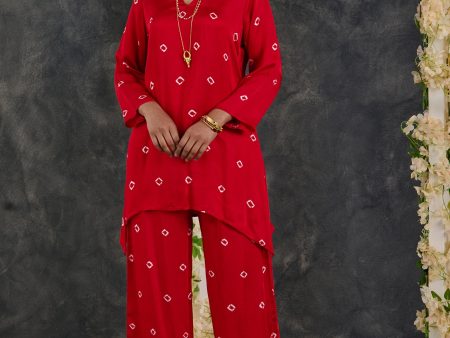 Red Bandhani Modal Satin Short Kurta-Pant (Set Of 2) on Sale