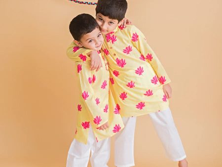 Lotus Blooms Ethnic Kurta Payjama for Boys - Yellow Online Hot Sale