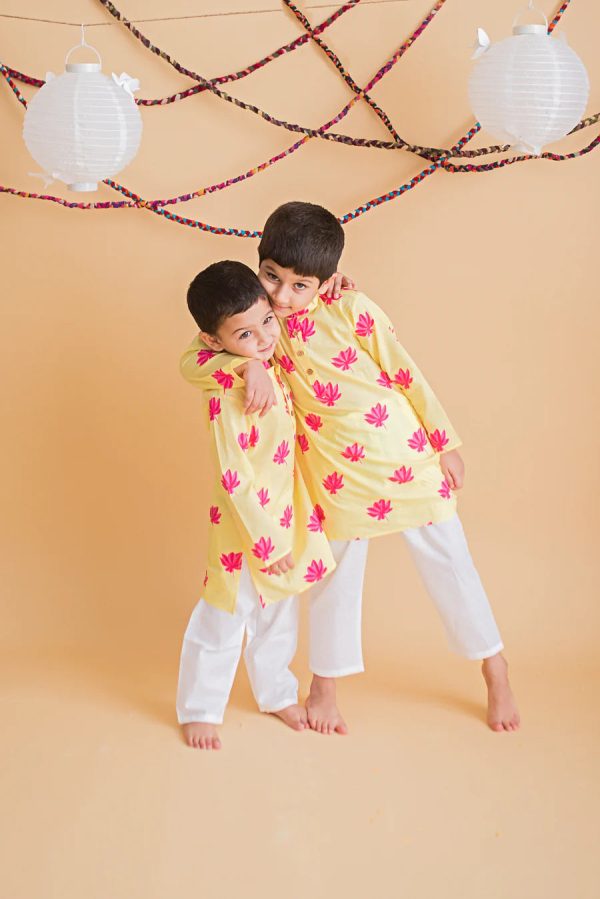 Lotus Blooms Ethnic Kurta Payjama for Boys - Yellow Online Hot Sale