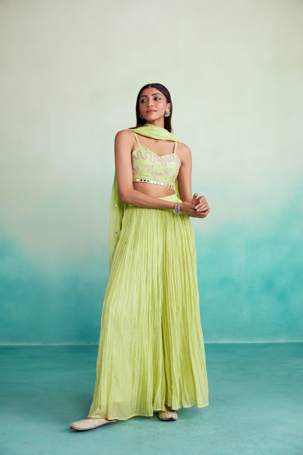 Zing sharara set - Lime Hand embroidered Crop top Sharara & Dupatta set Fashion