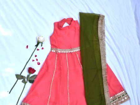 Coral long dress for girls with green dupatta Hot on Sale