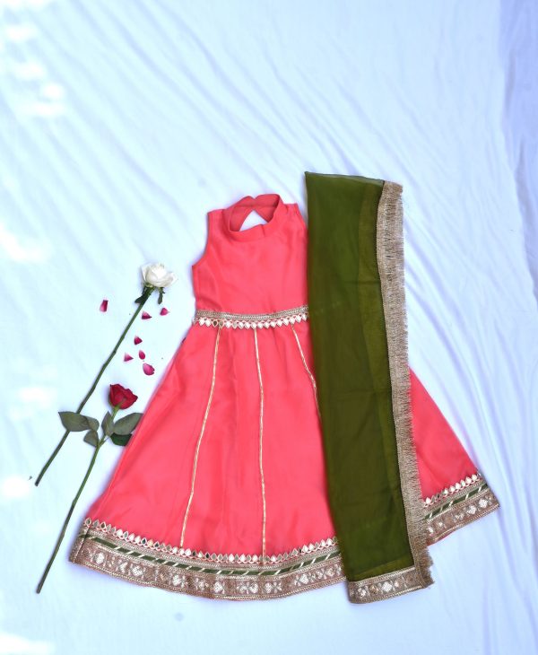 Coral long dress for girls with green dupatta Hot on Sale