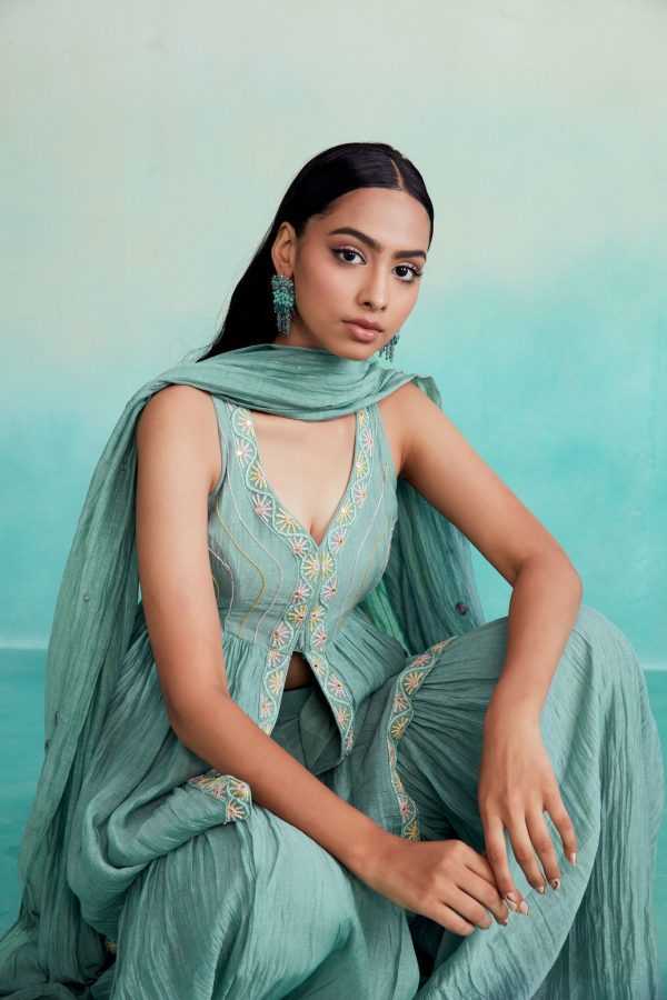 aquamarine kurta sharara set - Mint Hand embroidered gathered Kurta Sharara & Dupatta set Sale