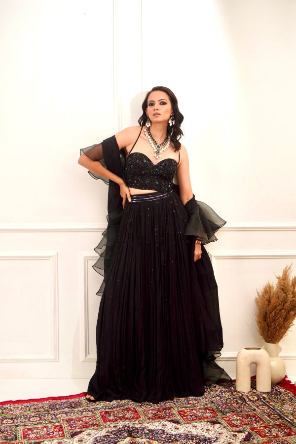 EVAA Black Corset and gathered lehenga Fashion