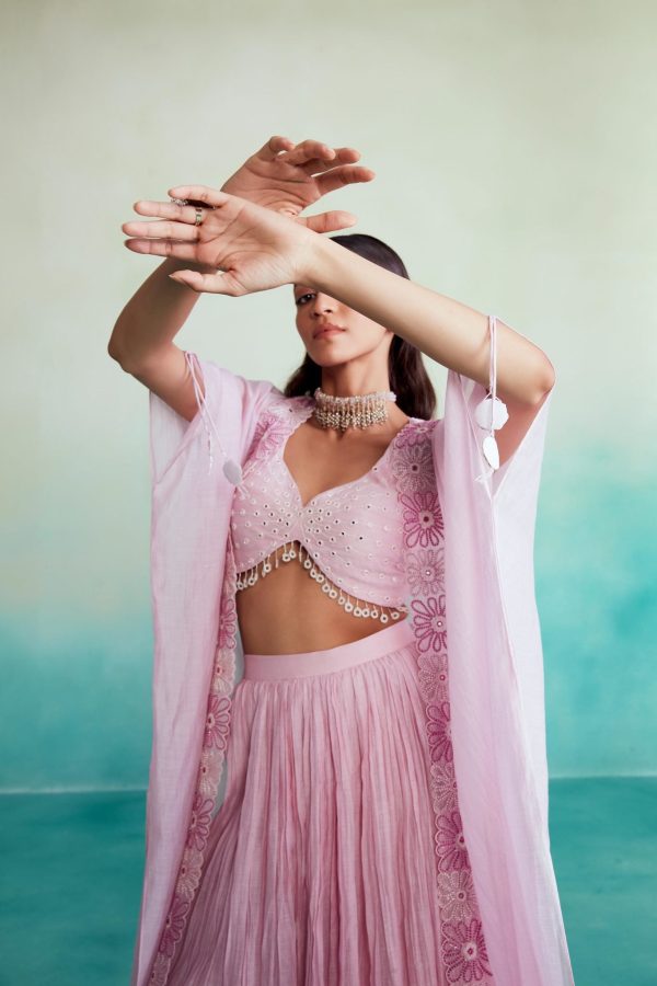 Fleuris jacket set - Orchid Pink Hand embroidered Jacket Crop-top & Sharara set Online now