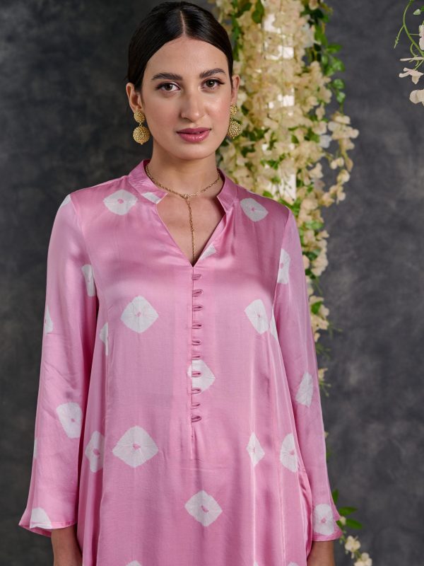 Pink Bandhani Modal Satin Kurta-Pant (Set Of 2) Hot on Sale