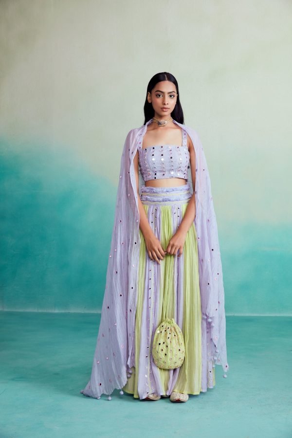 Amaya skirt top set - Lime & Lavender Hand embroidered pleated Skirt Top set Online Hot Sale