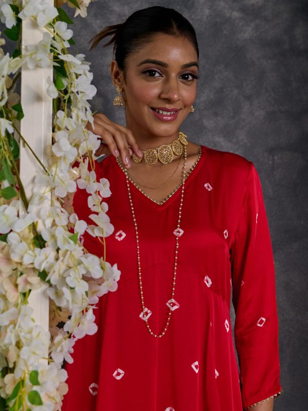 Red Bandhani A-Line Modal Satin Kurta- Flared Pant Set For Sale