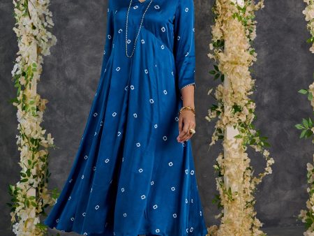 Indigo Bandhani A-Line Modal Satin Kurta- Flared Pant Set Sale