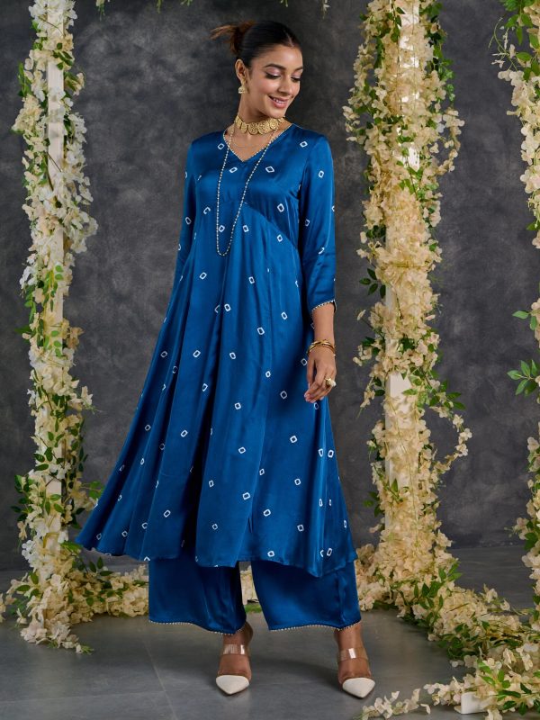 Indigo Bandhani A-Line Modal Satin Kurta- Flared Pant Set Sale