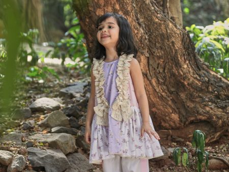 Off-white, pink, lavender animal print A-line kurta with frills & salwar set Online Sale