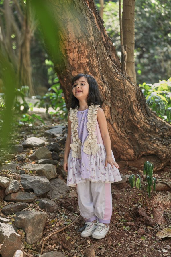 Off-white, pink, lavender animal print A-line kurta with frills & salwar set Online Sale