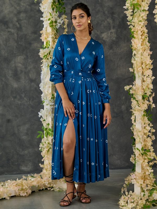 Indigo Bandhani Modal Satin Maxi Dress on Sale