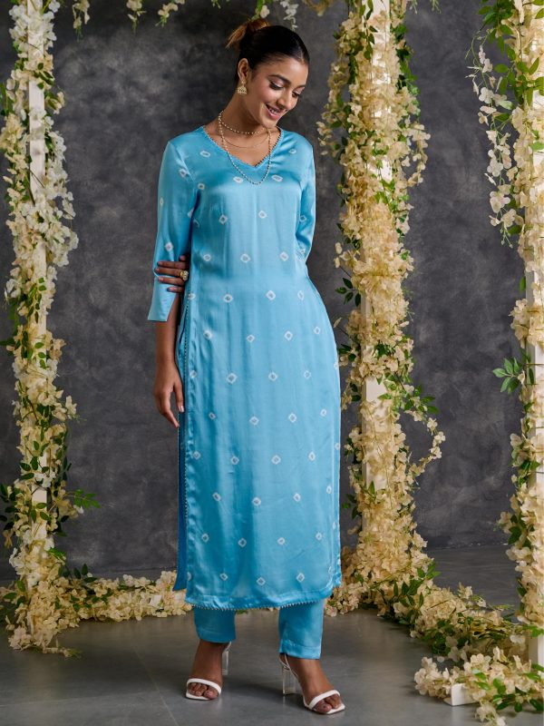 Blue Bandhani High Slit Modal Satin Kurta - Pant Set with Dupatta (Set Of 3) Online now