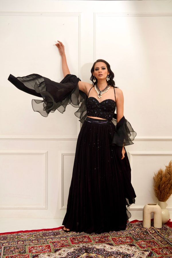 EVAA Black Corset and gathered lehenga Fashion