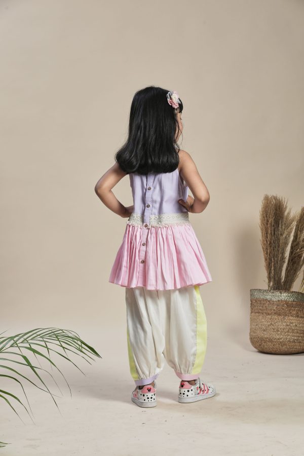 Yellow, lavender and pink A-line kurta with frills and salwar set Sale