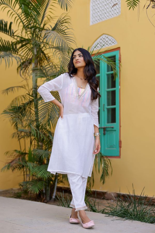 Peonia White Kurta-Pant with Stripe Bralette Online Sale