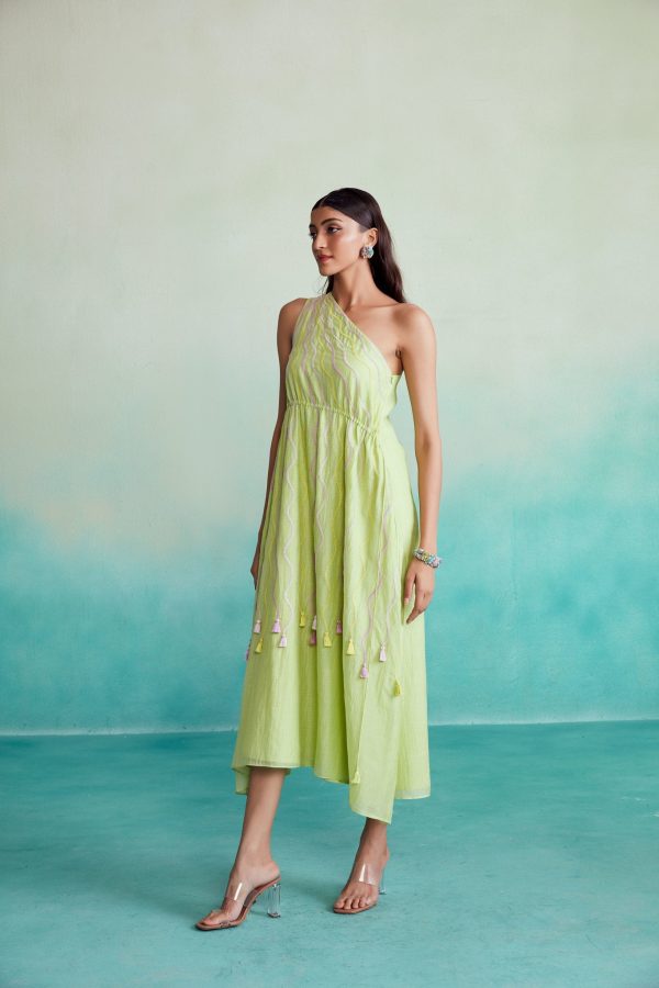 Vividora dress - Lime Hand embroidered one shoulder Dress Online Sale