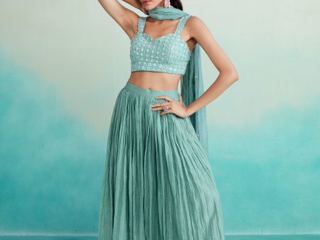 Spearmint sharara set - Mint Hand embroidered Crop-top Sharara & Dupatta set Online Sale