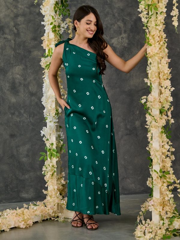 Green Bandhani Modal Satin One- shoulder Dress Discount