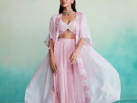 Fleuris jacket set - Orchid Pink Hand embroidered Jacket Crop-top & Sharara set Online now