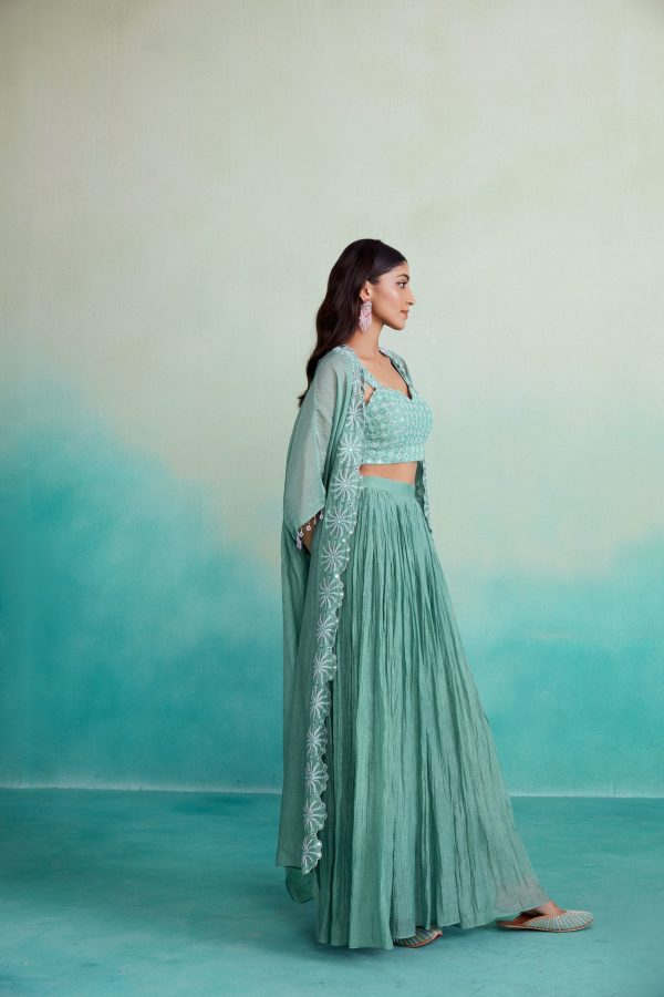 Zephyr jacket set - Mint Hand embroidered Jacket Crop top & Sharara set For Discount