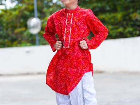 BOYS RED BANDHANI GOTAPATTI DHOTI KURTA SET Online now