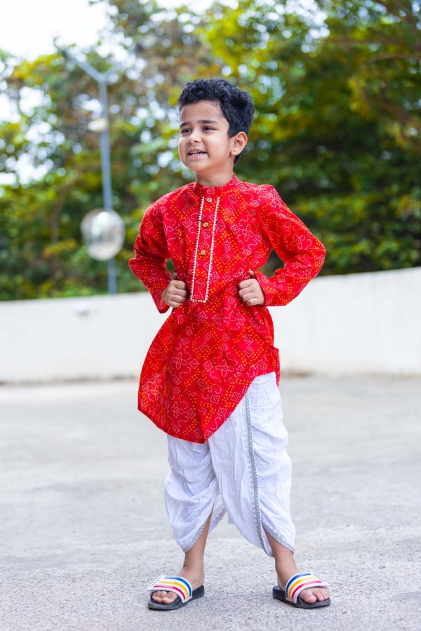 BOYS RED BANDHANI GOTAPATTI DHOTI KURTA SET Online now