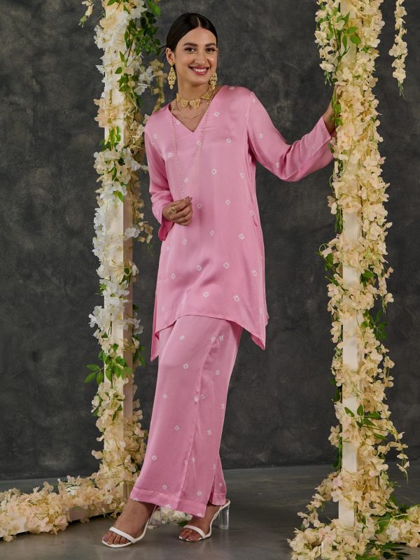 Pink Bandhani Modal Satin Short Kurta-Pant (Set Of 2) Online