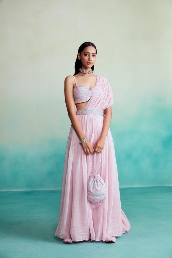 Bloomsy skirt saree set - Orchid Pink Skirt Saree set with hand embroidered bustier Discount