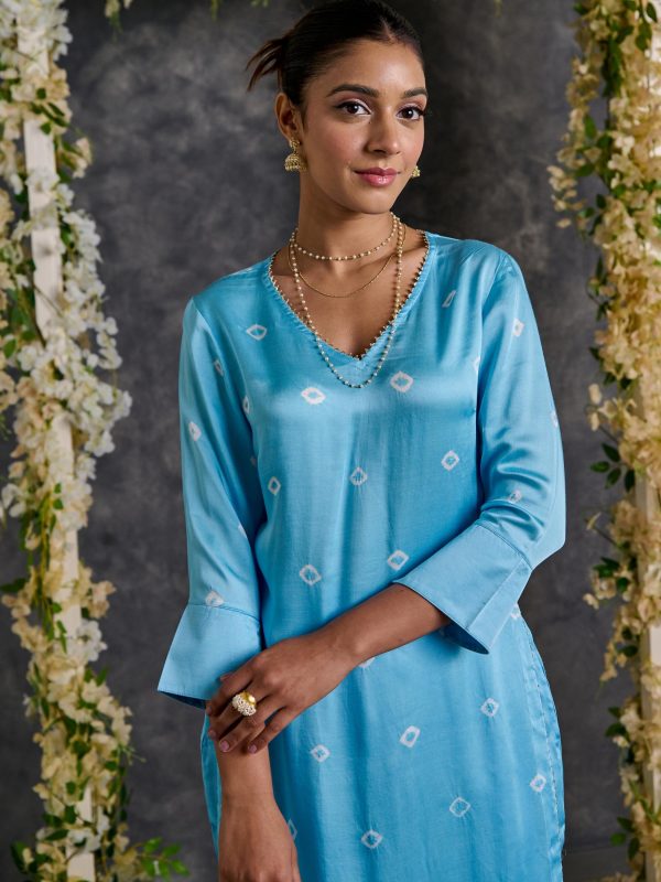 Blue Bandhani High Slit Modal Satin Kurta - Pant Set with Dupatta (Set Of 3) Online now