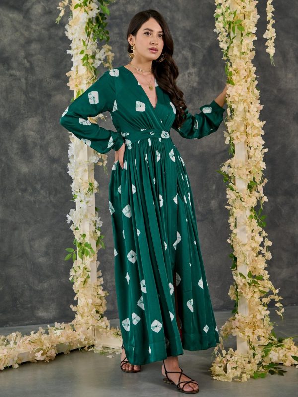 Green Bandhani Modal Satin Maxi Dress Hot on Sale