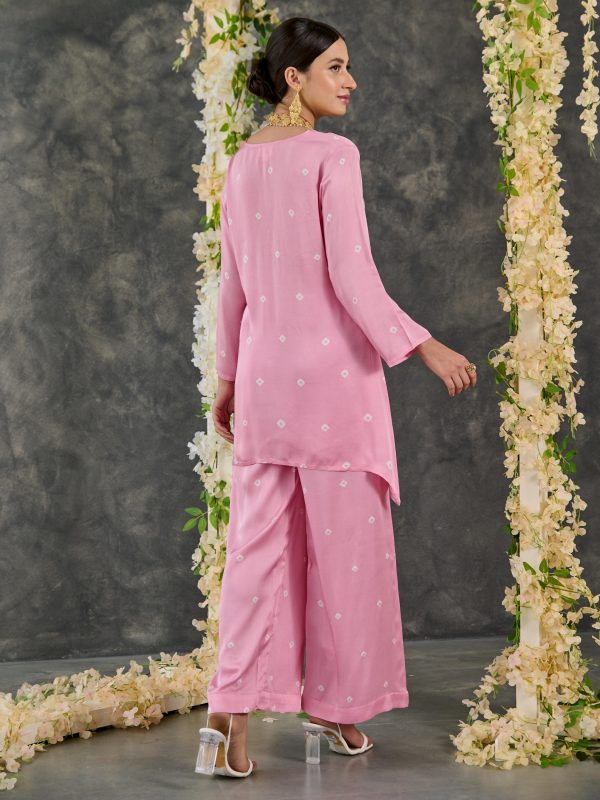 Pink Bandhani Modal Satin Short Kurta-Pant (Set Of 2) Online