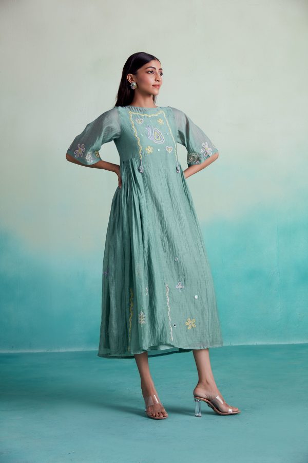 Enchantmint dress - Mint Hand embroidered gathered Dress Hot on Sale