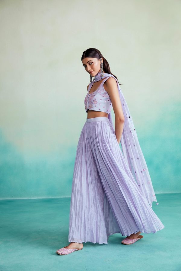 Luminova crop-top & sharara set - Lavender Hand embroidered Crop-top and Sharara set For Sale