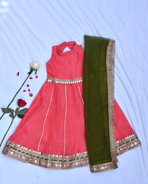 Coral long dress for girls with green dupatta Hot on Sale