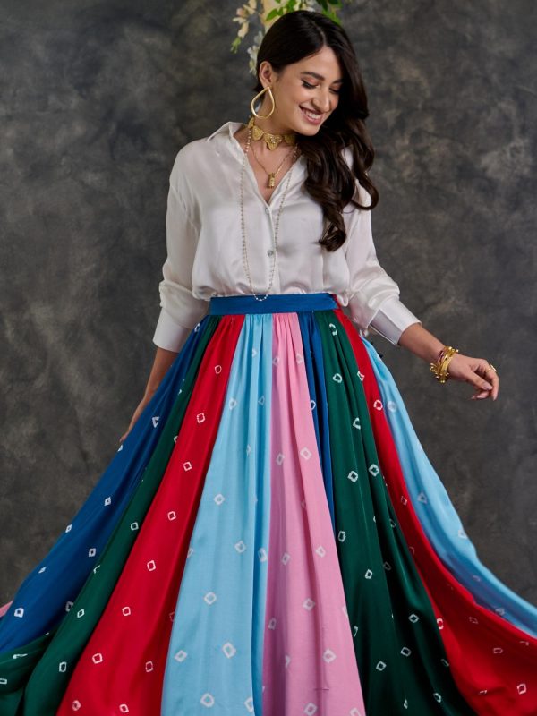 White Shirt with bandhani Modal Satin Skirt For Cheap