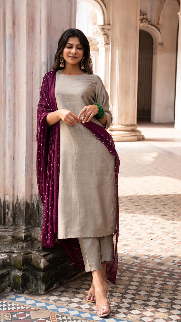 AAROHI CHANDERI KURTA SET IN GREY For Cheap