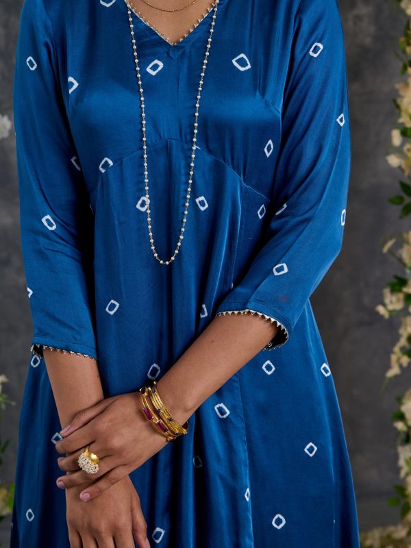 Indigo Bandhani A-Line Modal Satin Kurta- Flared Pant Set Sale