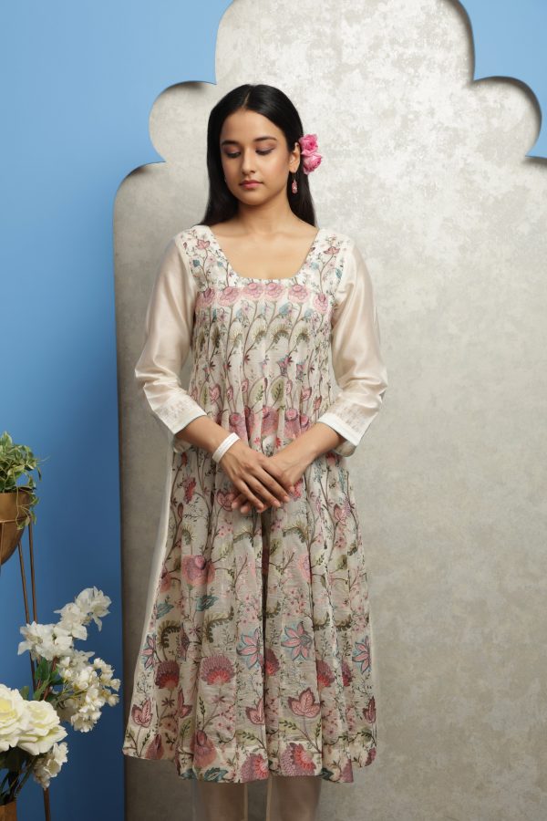 EMBROIDERED CHANDERI ANARKALI WITH CHANDERI PANTS AND DUPATTA Sale