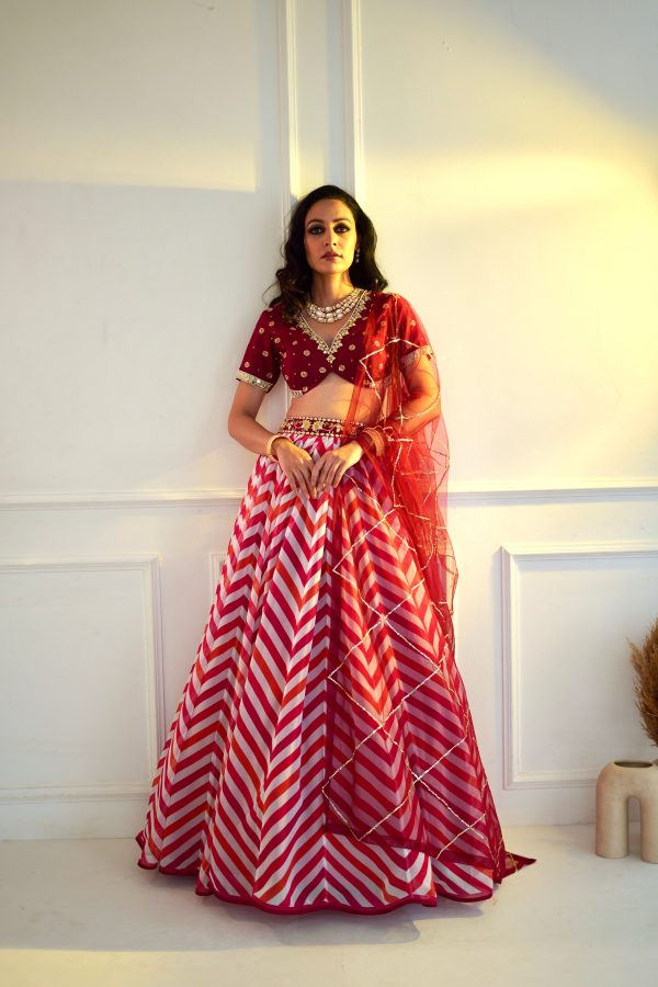 MYRAH Pink Chevron Lehenga Online now