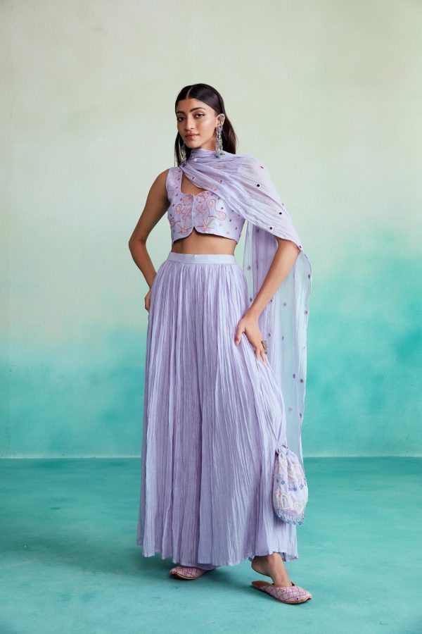 Luminova crop-top & sharara set - Lavender Hand embroidered Crop-top and Sharara set For Sale