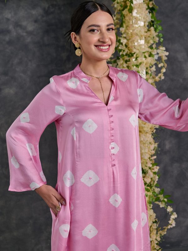 Pink Bandhani Modal Satin Kurta-Pant (Set Of 2) Hot on Sale