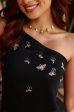 Black One Shoulder Bug Embroidered Cocktail Dress Fashion