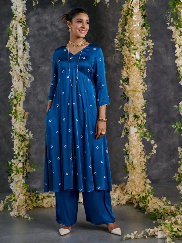 Indigo Bandhani A-Line Modal Satin Kurta- Flared Pant Set Sale